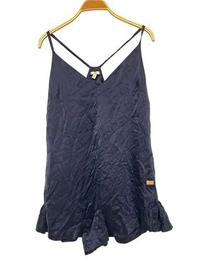 Lunya Washable Silk Navy Satin V-Neck Pajama Romper